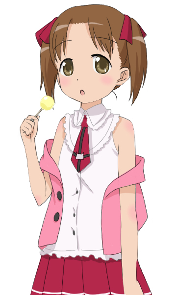 1girl, :o, bare_shoulders, blush, brown_eyes, brown_hair, buttons, female_focus, hair_ribbon, ichigo_mashimaro, looking_at_viewer, matsuoka_miu, off_shoulder, open_clothes, open_mouth, open_vest, pleated_skirt, red_ribbon, red_skirt, ribbon, skirt, solo, standing, tareme, twintails, vest, yn_(rakugaki_log)