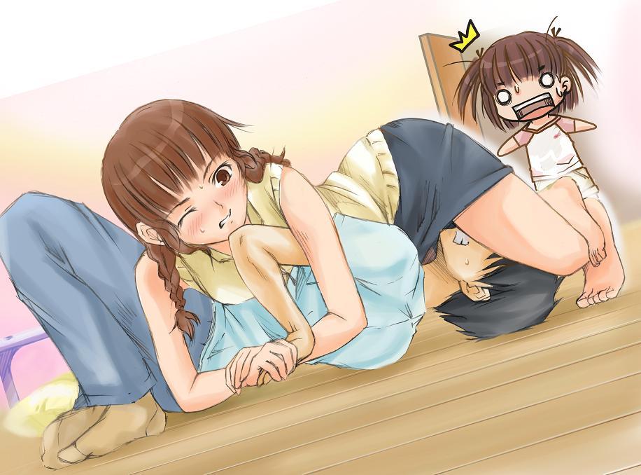 1boy, 2girls, aihara_nana, armlock, barefoot, black_hair, blush, brown_eyes