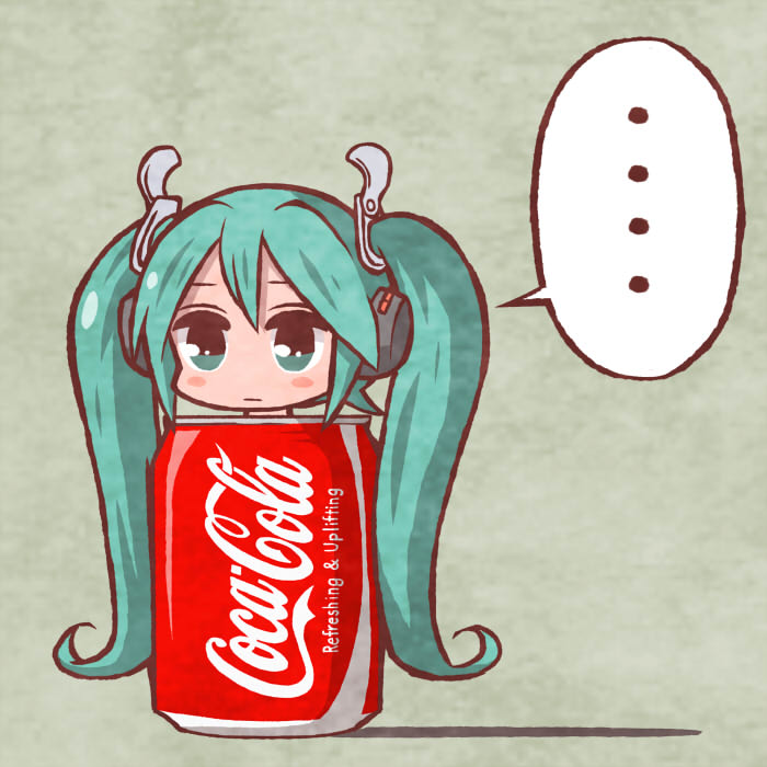 ..., 1girl, aqua_eyes, aqua_hair, blush_stickers, can, coca-cola, completely_unamused, drink_can, female_focus, hatsune_miku, headphones, in_container, long_hair, sakichi_(gyro7msk), soda_can, solo, spoken_ellipsis, twintails, unamused, very_long_hair, vocaloid