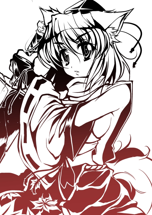 1girl, animal_ears, bare_shoulders, breasts, detached_sleeves, female_focus, hat, inubashiri_momiji