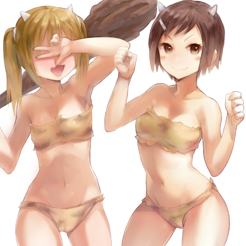 2girls, armpits, bare_shoulders, blonde_hair, blush_stickers, breasts, brown_eyes, brown_hair, clenched_hands, club_(weapon), contrapposto, covering_privates, covering_face, covering_own_eyes, danshi_koukousei_no_nichijou, fang, flat_chest, hair_ornament, hairclip, hidden_eyes, horns, looking_at_viewer, midriff, multiple_girls, naso4, navel, oni, oni_horns, open_mouth, ringo-chan_(danshi_koukousei), short_hair, short_twintails, simple_background, small_breasts, smile, standing, strapless, tadakuni's_little_sister, tube_top, twintails, v, v_over_eye, weapon