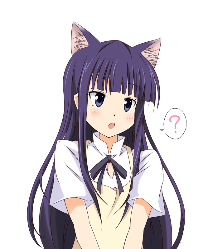 ?, animal_ears, averting_eyes, cat_ears, long_hair, nanari, purple_eyes, purple_hair, solo, uniform, working!!, yamada_aoi