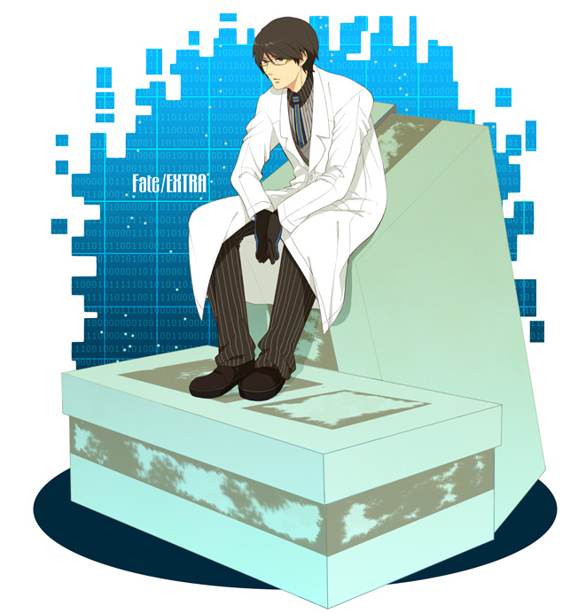 10s, 1boy, black_gloves, black_hair, blue_background, character_name, fate/extra, fate_(series)