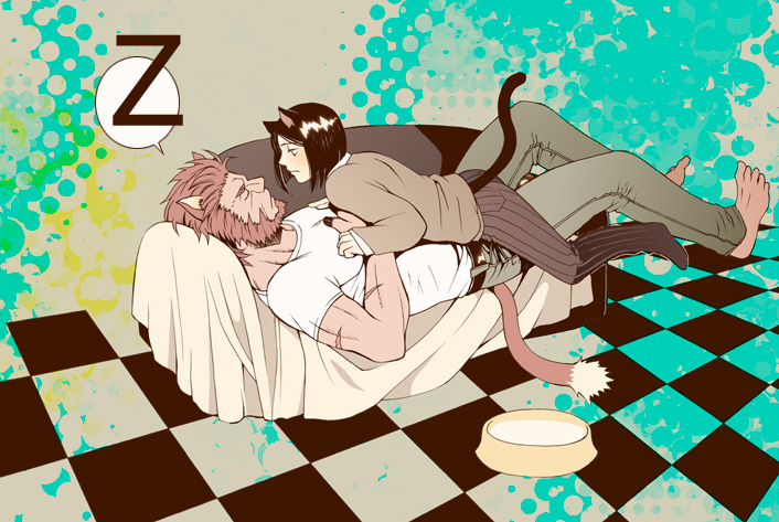 2boys, animal_ears, barefoot, beard, black_hair, bob_cut, casual, cat_boy, cat_ears, cat_tail, checkered_floor, couch, facial_hair, fate/zero, fate_(series), floor, frottage, iskandar_(fate), kemonomimi_mode, leg_between_thighs, male_focus, multiple_boys, red_hair, shirt, sleeping, sugataku, t-shirt, tail, waver_velvet
