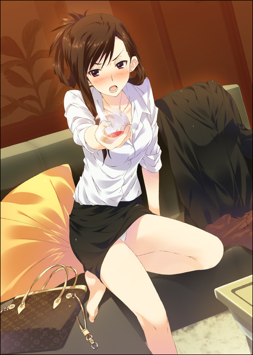 10s, 1girl, alcohol, bag, barefoot, blush, brown_hair, couch, cup, drinking_glass, drunk, earrings, female_focus, glass, handbag, jewelry, kazaoka_mari, long_hair, long_legs, looking_at_viewer, mizuki_makoto, office_lady, open_mouth, outstretched_arm, panties, pantyhose, pantyshot, pillow, red_eyes, sitting, skirt, sleeves_rolled_up, solo, underwear, unworn_pantyhose, upskirt, white_album_(series), white_album_2, white_panties, wine, wine_glass