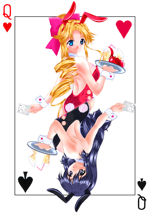 00s, 2girls, apple, black_eyes, black_hair, blonde_hair, blue_eyes, card, card_(medium), chalice, cup, drill_hair, fishnet_pantyhose, fishnets, food, fruit, hinoe_riho, ihara_kanna, kannazuki_megumi, long_hair, multiple_girls, muteki_kanban_musume, pantyhose, playboy_bunny, ponytail, symmetry, tray