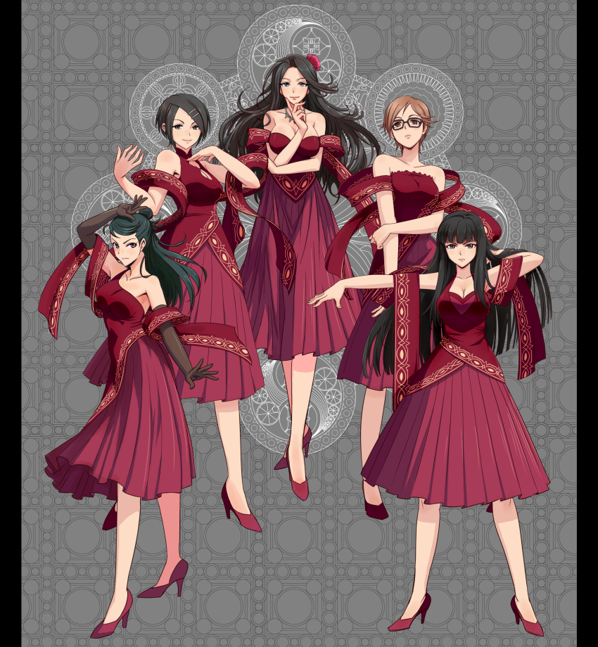 10s, 5girls, absurdres, aikawa_chinatsu, bare_shoulders, black_hair, breasts, brown_hair