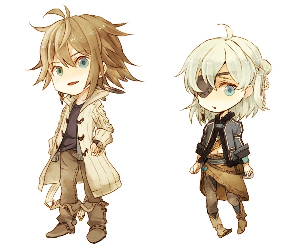 2boys, aq_interactive, bad_id, bad_pixiv_id, blue_eyes, brown_hair, elza_(the_last_story), eyepatch