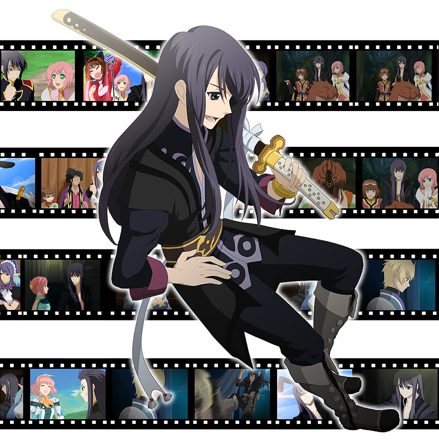 3girls, 4boys, asch_(cosplay), asch_(tales), black_eyes, black_hair, blonde_hair, blue_hair, boots, brown_hair, bug, cha_(komekko), coat, cosplay, estellise_sidos_heurassein, film_reel, film_strip, flynn_scifo, full_body, green_eyes, grey_footwear, judith_(tales), karol_capel, knee_boots, long_hair, multiple_boys, multiple_girls, natalia_luzu_kimlasca_lanvaldear, natalia_luzu_kimlasca_lanvaldear_(cosplay), pants, pink_hair, raven_(tales), rita_mordio, short_hair, smile, sword, tales_of_(series), tales_of_the_abyss, tales_of_vesperia, weapon, yuri_lowell