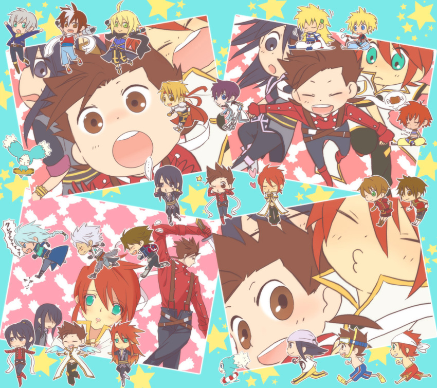 6+boys, alfa_system, alternate_costume, aqua_background, asbel_lhant, caius_qualls, cosplay, costume_switch