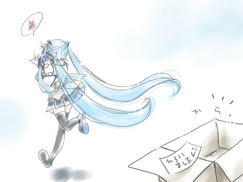 blue_hair, box, carrying, fujie, hatsune_miku, heart, kaito_(vocaloid), kemonomimi_mode, long_hair, skirt, spoken_heart, take_it_home, thighhighs, twintails, very_long_hair, vocaloid, zettai_ryouiki