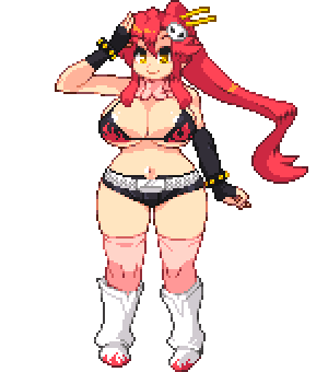 00s, 1girl, bad_id, bad_pixiv_id, bikini, bikini_top_only, breasts, cleavage, female_focus, fingerless_gloves, full_body, gloves, hair_ornament, large_breasts, lowres, navel, pixel_art, plump, ponytail, red_hair, salute, scarf, short_shorts, shorts, smile, solo, swimsuit, tengen_toppa_gurren_lagann, thick_thighs, thighhighs, thighs, transparent_background, yoko_littner, yumurama