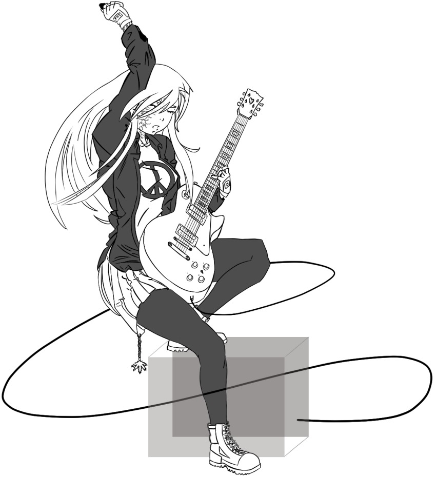 10s, 1girl, abscess, boots, closed_eyes, electric_guitar, female_focus, fingerless_gloves, full_body, gloves, greyscale, guitar, highres, ikezawa_hanako, instrument, jacket, katawa_shoujo, long_hair, monochrome, music, pantyhose, peace_symbol, playing_instrument, plectrum, solo