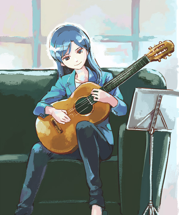1girl, acoustic_guitar, aida_yuu, blue_eyes, blue_hair, blue_shirt, classical_guitar, couch, female_focus, guitar, idolmaster, idolmaster_(classic), instrument, kisaragi_chihaya, light_smile, long_hair, matching_hair/eyes, music_stand, shirt, sitting, smile, solo