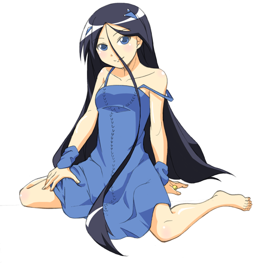 10s, 1girl, barefoot, black_hair, blue_dress, blue_eyes, blue_skirt, dress