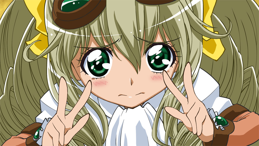 1girl, ascot, blush, bow, brown_hair, cure_peace_pose, curly_hair, double_v, eyelashes, female_focus, frown, goggles, goggles_on_head, green_eyes, long_hair, maria_balthasar, miyagoe_yoshitsuki, parody, precure, smile_precure!, solo, v, xeno_(series), xenogears, yellow_bow