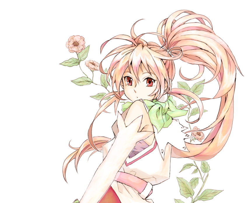 1girl, arche_klein, female_focus, flower, gloves, hayakawa_(kakapo), high_ponytail, long_hair, looking_back, pink_eyes, pink_hair, ponytail, scarf, solo, tales_of_(series), tales_of_phantasia, white_background, wide_ponytail