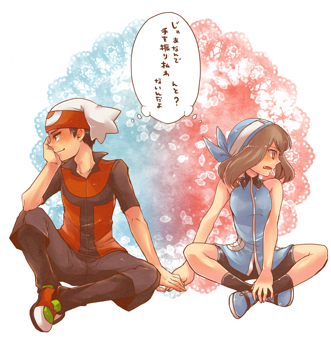1boy, 1girl, bandana, bare_shoulders, bike_shorts, black_hair, brendan_(pokemon), brown_hair