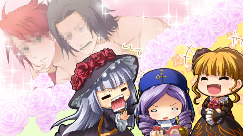 2boys, 3girls, beatrice_(umineko), blonde_hair, blunt_bangs, blush, chibi, collarbone