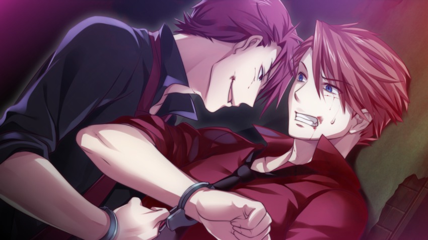 2boys, black_battler, blood, blue_eyes, cuffs, dark_persona, dual_persona, game_cg, handcuffs, multiple_boys, ougon_musou_kyoku, red_hair, umineko_no_naku_koro_ni, ushiromiya_battler