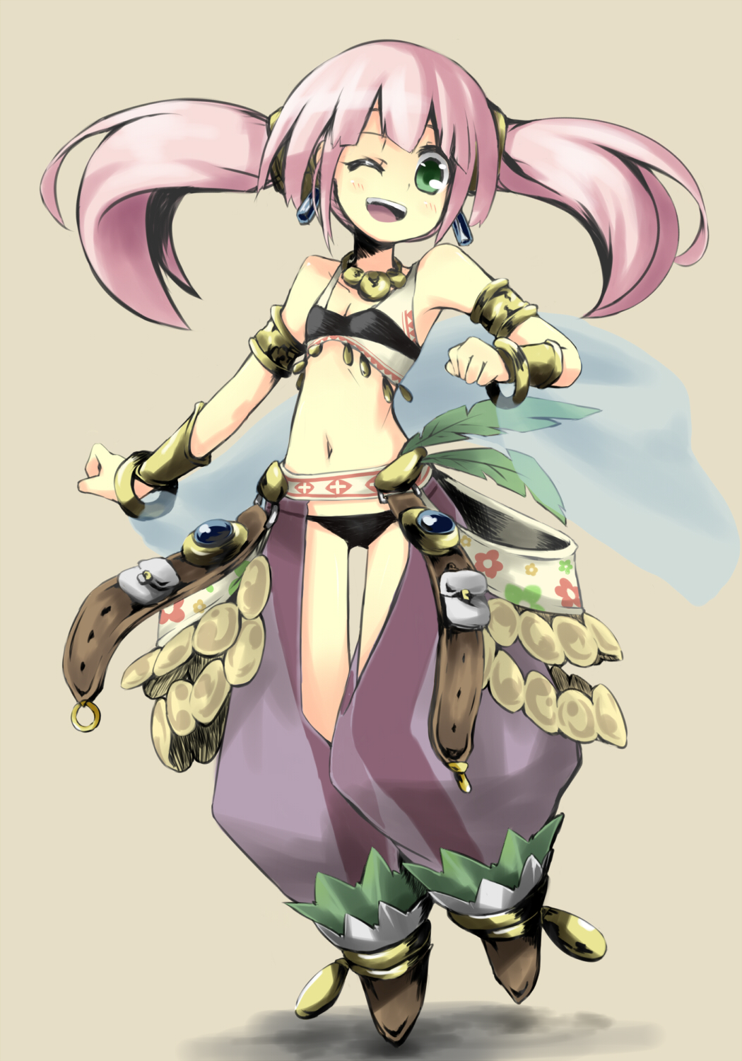 1girl, atlus, bad_id, bad_pixiv_id, bare_shoulders, black_panties, bracelet, chaps, dancer_(sekaiju), dancer_2_(sekaiju), earrings, etrian_odyssey, female_focus, green_eyes, highres, jewelry, long_hair, navel, one_eye_closed, panties, pink_hair, sekaiju_no_meikyuu, sekaiju_no_meikyuu_4, smile, solo, twintails, underwear, urimono, wink