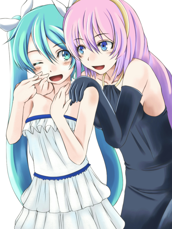 2girls, :d, ;d, aqua_eyes, aqua_hair, bare_arms, bare_shoulders, black_dress