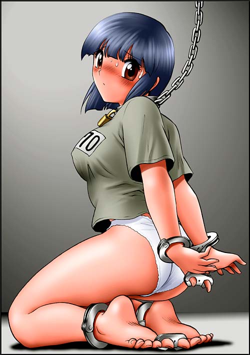 1girl, arms_behind_back, ass, barefoot, bdsm, blue_hair, blush, bondage, bound, bound_ankles, bound_wrists, breasts, brown_eyes, chain, cuffs, feet, female_focus, handcuffs, kneeling, large_breasts, lock, no_pants, original, padlock, panties, shingyouji_tatsuya, short_hair, soles, solo, thumbcuffs, toes, underwear