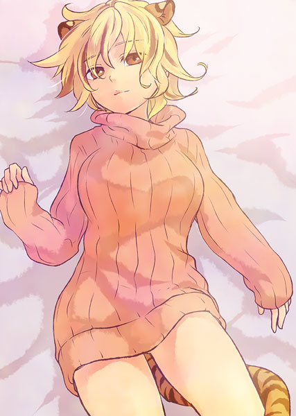 1girl, animal_ears, black_hair, bottomless, female_focus, kemonomimi_mode, lying, multicolored_hair