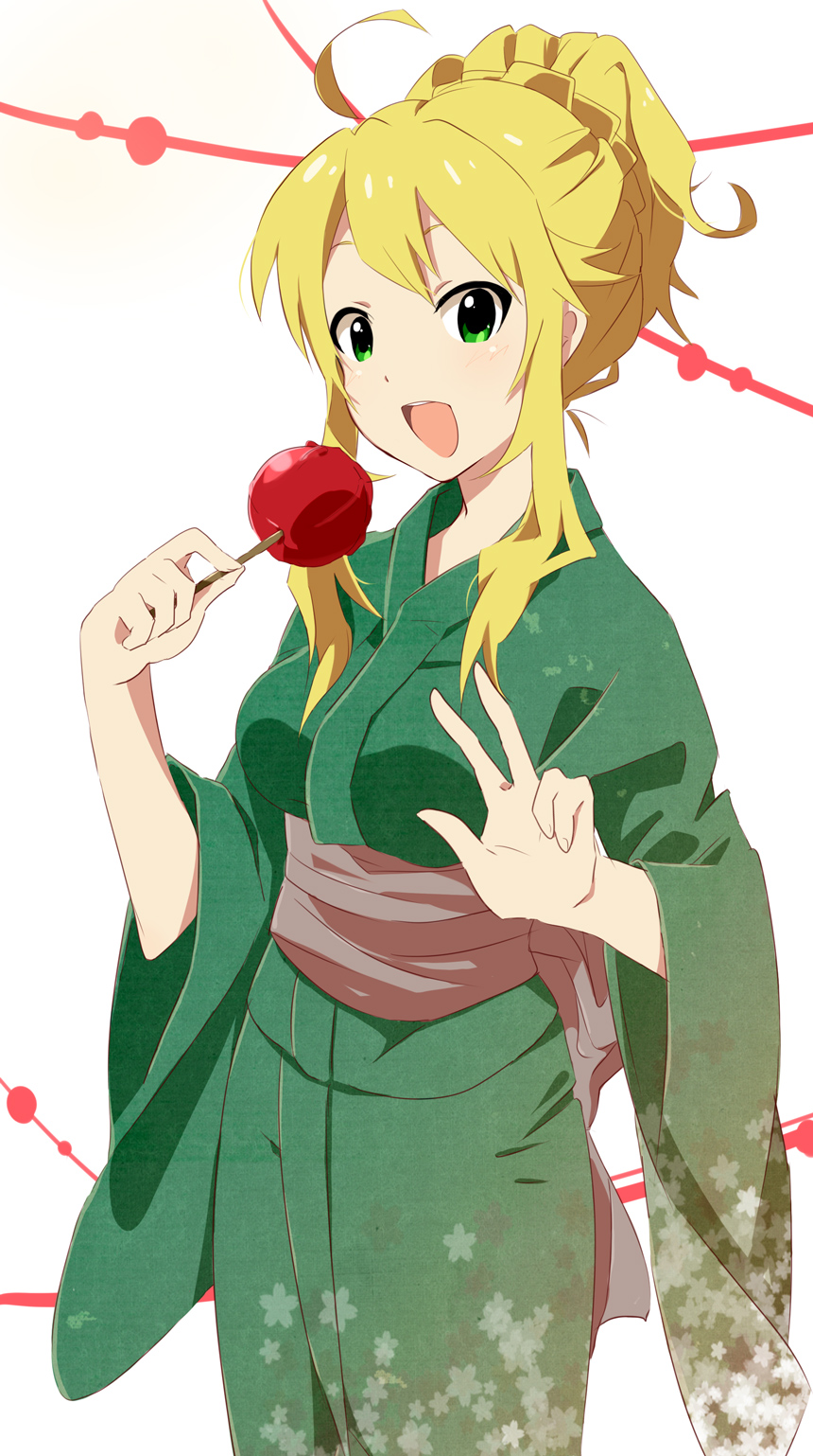 1girl, ahoge, az_(704az), azu_(azu401), bad_id, bad_pixiv_id, blonde_hair, candy_apple, eating, female_focus, food, green_eyes, green_kimono, highres, hoshii_miki, idolmaster, idolmaster_(classic), japanese_clothes, kimono, long_hair, looking_at_viewer, solo, v, yukata