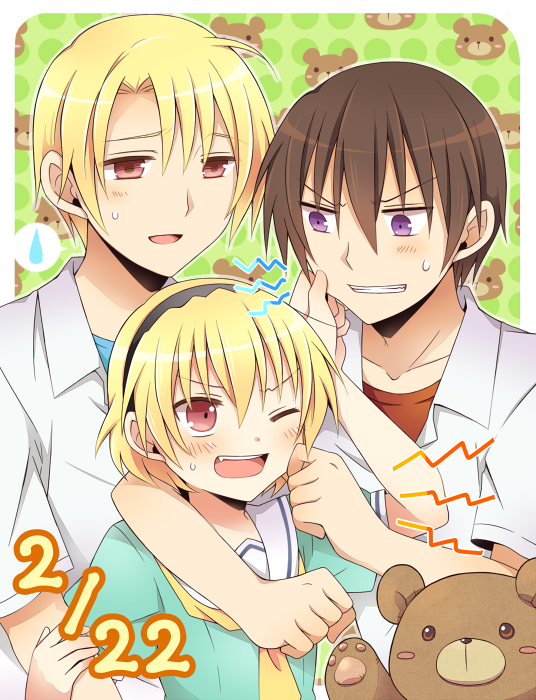 1girl, 2boys, bad_id, bad_pixiv_id, blonde_hair, blush_stickers, brother_and_sister, cheek_pinching