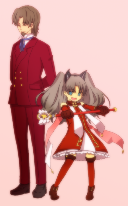 1boy, 1girl, age_difference, animal_ears, bad_id, bad_pixiv_id, bloom, blue_eyes, brown_hair, cat_ears, child, elbow_gloves, facial_hair, fate/hollow_ataraxia, fate/zero, fate_(series), father_and_child, father_and_daughter, formal_clothes, gloves, goatee, kaleido_ruby, long_hair, magical_girl, maroyakamaromaro, parent_and_child, simple_background, suit, thighhighs, time_paradox, tohsaka_rin, tohsaka_tokiomi, toosaka_rin, twintails, wand