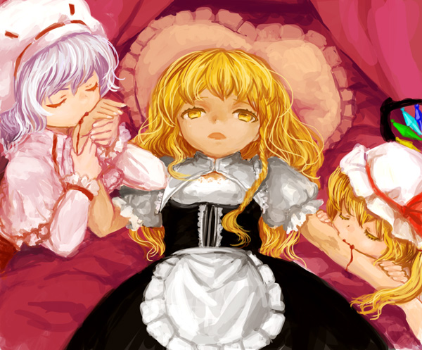 3girls, apron, bed, biting, blonde_hair, blood, blood_sucking, bow, braid, curiosities_of_lotus_asia, dress, closed_eyes, female_focus, flandre_scarlet, frilled_pillow, frills, hair_bow, hat, kirisame_marisa, kutouten, long_hair, lying, multiple_girls, on_back, on_bed, open_mouth, pillow, remilia_scarlet, short_hair, siblings, side_ponytail, silver_hair, sisters, touhou, vampire, waist_apron, wings, yellow_eyes