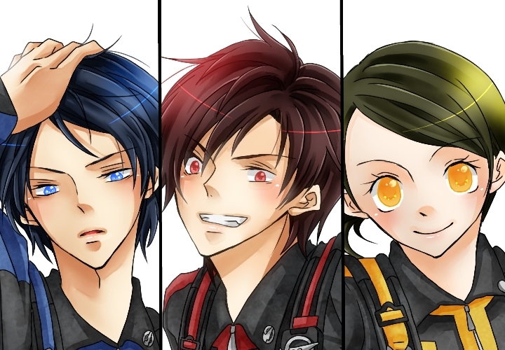 1girl, 2boys, animification, bad_id, bad_pixiv_id, bishop07, iwasaki_ryuuji, iwasaki_ryūji, multiple_boys, sakurada_hiromu, super_sentai, tokumei_sentai_go-busters, usami_youko, usami_yōko