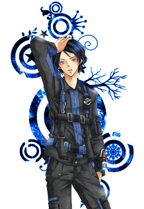 1boy, animification, bad_id, bad_pixiv_id, bishop07, blue_eyes, blue_hair, hand_in_own_hair