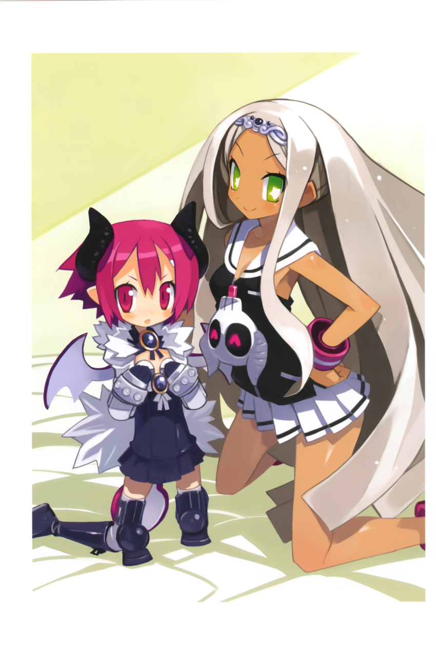 2girls, absurdres, bat_wings, blush, bracelet, cosplay, costume_switch, dark_skin, dark-skinned_female, demon_girl, disgaea, fur_trim, green_eyes, hands_on_own_hips, harada_takehito, heart, highres, horns, jewelry, kneeling, long_hair, looking_at_viewer, makai_senki_disgaea_3, multiple_girls, nippon_ichi, pink_eyes, pink_hair, raspberyl, raspberyl_(cosplay), sapphire_rhodonite, sapphire_rhodonite_(cosplay), school_uniform, short_hair, skirt, skull, symbol-shaped_pupils, tail, thighhighs, very_long_hair, white_hair, wings