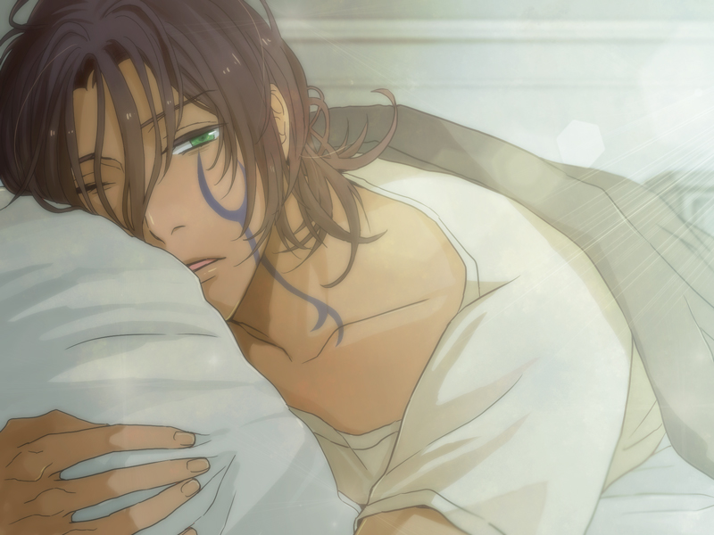 10s, 1boy, bluuue, brown_hair, green_eyes, inu_x_boku_ss, lying, male_focus, pillow, sleepy, solo, sorinozuka_renshou, tan