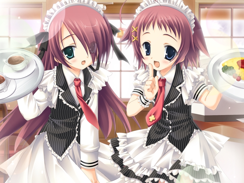 2girls, blue_eyes, blush, cup, dress, finger_to_mouth, food, game_cg