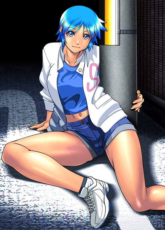1girl, blue_eyes, blue_hair, female_focus, matching_hair/eyes, midriff, navel, one_eye_closed