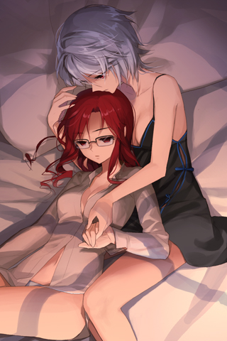 2girls, bare_legs, bare_shoulders, bed, blouse, blue_hair, breasts, cleavage