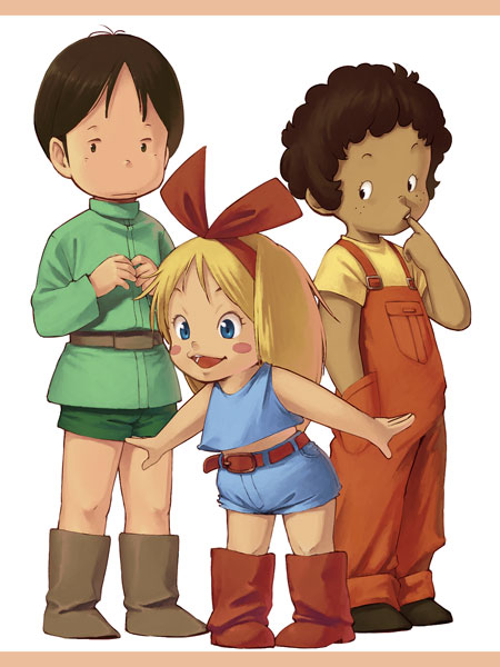 1girl, 2boys, blonde_hair, blue_eyes, blush_stickers, child, dark_skin, gundam