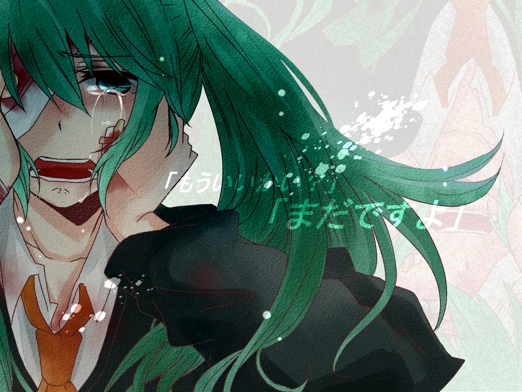 1girl, aoi_choko_(aoichoco), aqua_eyes, aqua_hair, bad_id, bad_pixiv_id, bandage_over_one_eye, bandages, blood, crying, crying_with_eyes_open, derivative_work, female_focus, hands_on_own_face, hatsune_miku, long_hair, monaco0704, necktie, rolling_girl_(vocaloid), solo, tears, translated, twintails, vocaloid