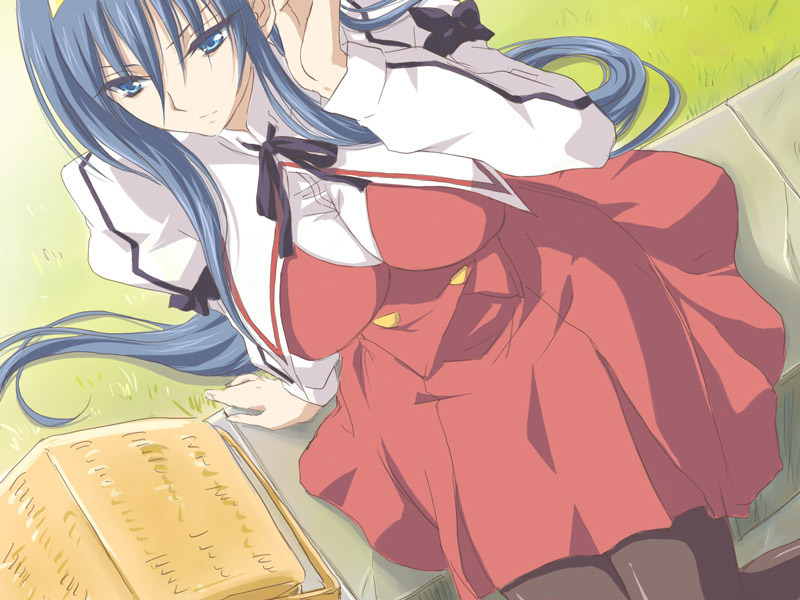 00s, 1girl, adjusting_hair, arm_support, basket, black_bow, black_pantyhose, blue_eyes, blue_hair, bow, bowtie, breasts, closed_mouth, dutch_angle, female_focus, from_above, fujimaru_(kinakomucch), grass, hair_between_eyes, hairband, himemiya_chikane, josei_nyoshou, kannazuki_no_miko, large_breasts, long_hair, long_sleeves, matching_hair/eyes, ototachibana_academy_school_uniform, outdoors, pantyhose, puffy_long_sleeves, puffy_sleeves, school_uniform, serious, sidelocks, sitting, solo, yellow_hairband