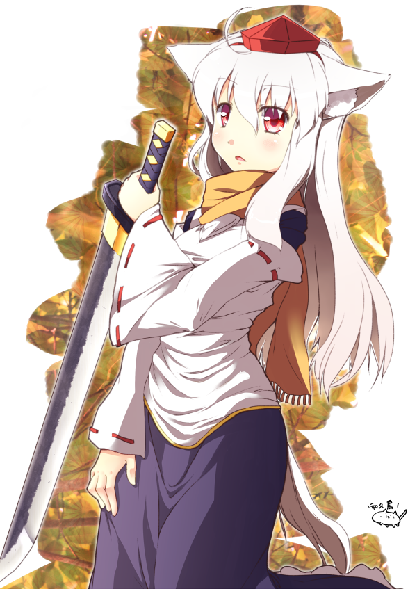 1girl, alternate_hair_length, alternate_hairstyle, animal_ears, blush, detached_sleeves, female_focus, hat, inubashiri_momiji, long_hair, red_eyes, silver_hair, solo, sword, tail, tokin_hat, touhou, wakudori, weapon, wolf_ears, wolf_tail