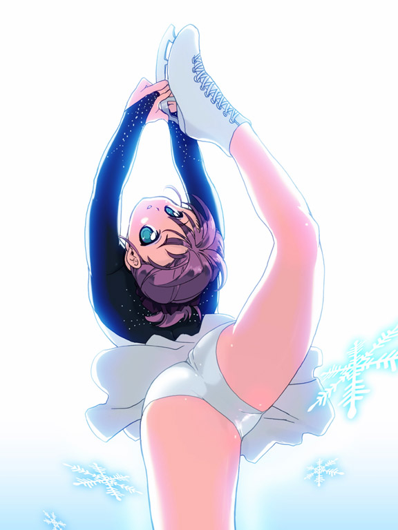 1girl, ass, blue_eyes, brown_hair, figure_skater, flexible, ice_skating, looking_back, open_mouth, original, panties, pantyshot, ponytail, skates, skating, skirt, tessai, underwear, upskirt, white_panties