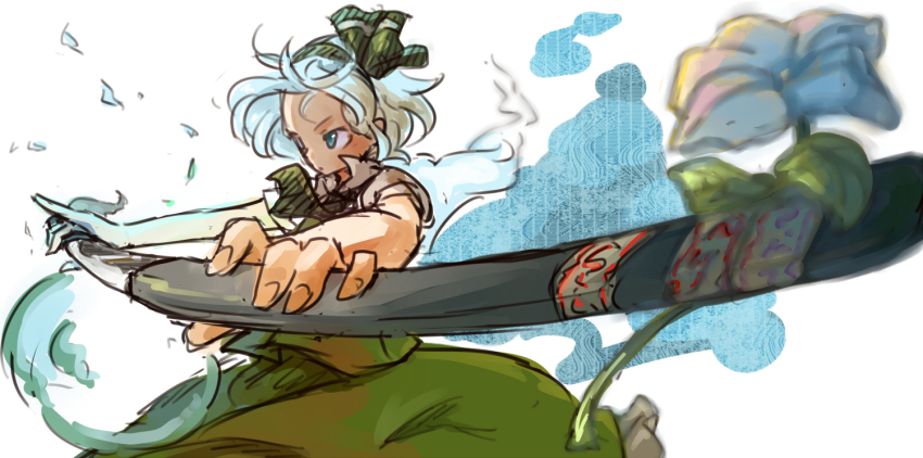 1girl, blue_eyes, female_focus, flower, foreshortening, ghost, hair_ribbon, hito, katana, konpaku_youmu, konpaku_youmu_(ghost), perspective, ribbon, scabbard, sheath, shibasaki_shouji, shirt, short_hair, silver_hair, skirt, skirt_set, solo, sword, touhou, unsheathing, vest, weapon