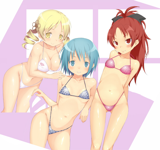 10s, 3girls, bare_shoulders, bikini, blonde_hair, blue_eyes, blue_hair, blush