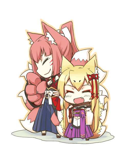 2girls, :d, animal_ear_fluff, animal_ears, blonde_hair, blush, chibi, closed_eyes, fang, fox_ears, fox_tail, mon-musu_quest!, monster_girl, multiple_girls, multiple_tails, open_mouth, pink_hair, simple_background, smile, tail, tamamo_(mon-musu_quest!), yao_(mon-musu_quest!)