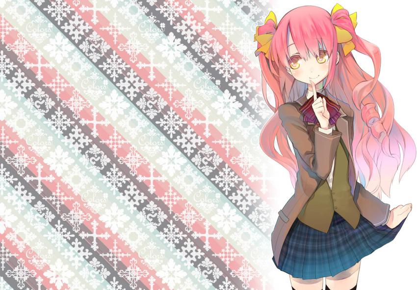 clothes_lift, drill_hair, finger_to_mouth, pink_hair, reversible_school_life, school_uniform, skirt, skirt_lift, suemitsu_dicca, thighhighs, trap, yaezaki_tsubaki, zettai_ryouiki