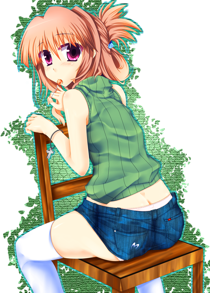 1girl, ass, bare_shoulders, bracelet, butt_crack, candy, cross, denim, dimples_of_venus, downpants, female_focus, food, from_behind, hair_ornament, hairclip, hamo_tosaka, jewelry, lollipop, looking_back, mouth_hold, orange_hair, original, panties, panty_peek, panty_slip, pink_eyes, pink_panties, short_shorts, shorts, sitting, sleeveless, sleeveless_turtleneck, solo, thighhighs, turtleneck, underwear, white_thighhighs