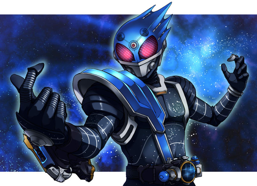 1boy, armor, bad_id, bad_pixiv_id, belt, compound_eyes, dn22059, kamen_rider, kamen_rider_fourze_(series), kamen_rider_meteor, male_focus, sky, solo, space, star_(sky), starry_sky